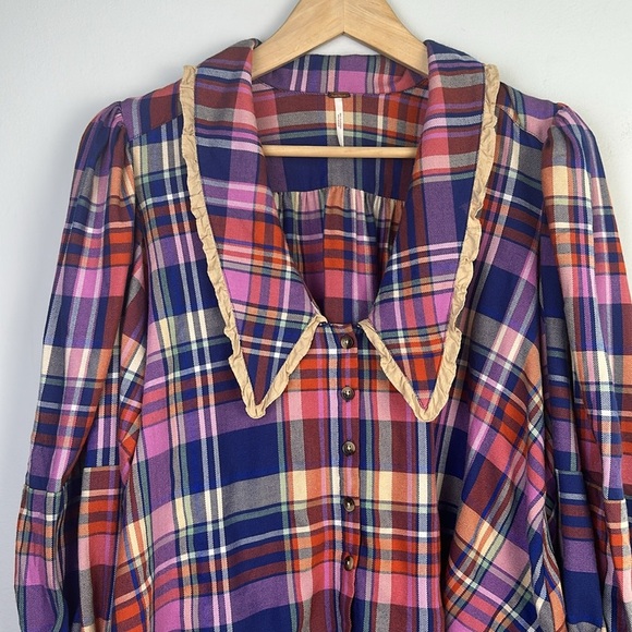 Free People Bexley Balloon Sleeve Plaid Top Relaxed Oversize Fit XS Button Front - Picture 4 of 16